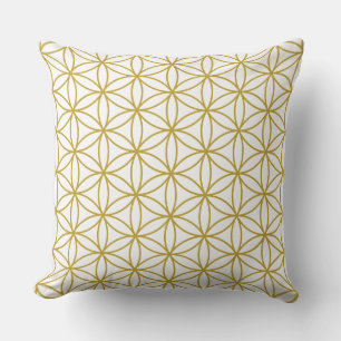 Flower of Life Pattern Gold on White Cushion