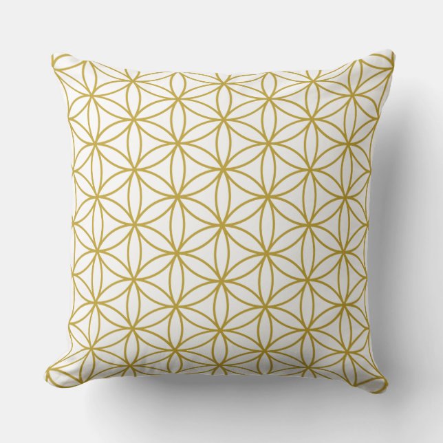 Flower of Life Pattern Gold on White Cushion (Front)