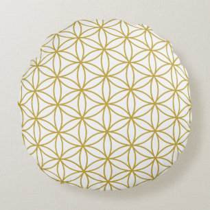 Flower of Life Pattern Gold on White Round Cushion