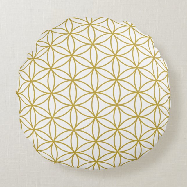 Flower of Life Pattern Gold on White Round Cushion (Front)