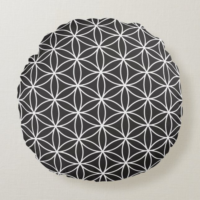 Flower of Life Pattern White on Black Round Cushion (Front)