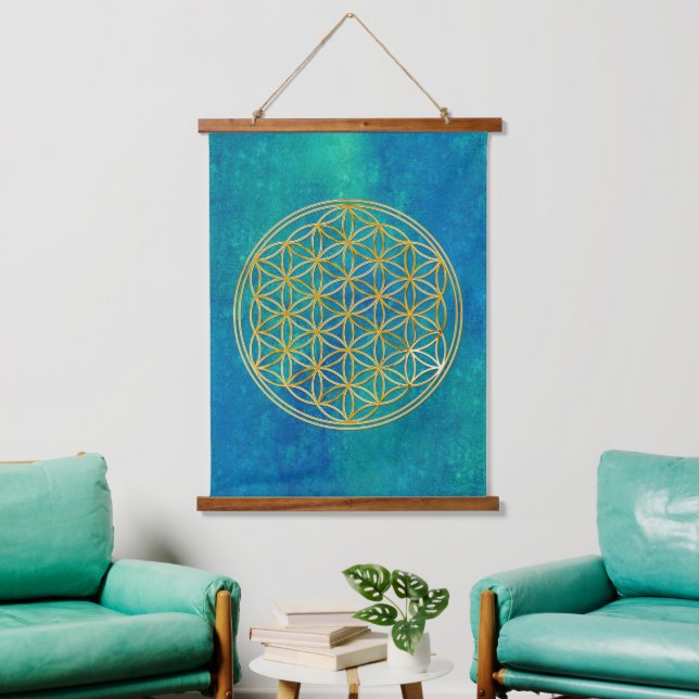 FLOWER OF LIFE - Sacred Geometrie Golden Style Hanging Tapestry (Living Room)