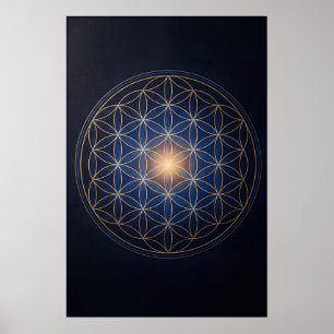 Flower of Life Sacred Geometry Gold Blue Spiritual Poster