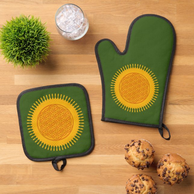 FLOWER OF LIFE - Sacred Geometry Symbol 4 Oven Mitt & Pot Holder Set (Top Down)