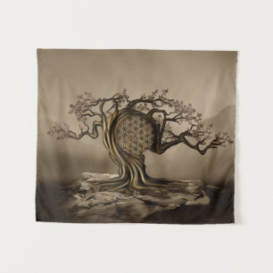 Flower of Life Tree Golden Morning Tapestry
