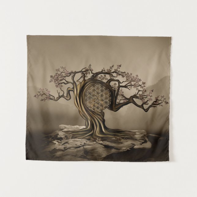 Flower of Life Tree Golden Morning Tapestry (Front (Horizontal))