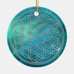 Flower Of Live / silver bluegreen waves Ceramic Ornament