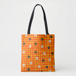 Flower Orange Red Check Pattern Vibrant Tote Bag