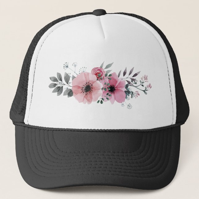 Flower Ornament Nature Pink Plant Floral Rose Trucker Hat (Front)