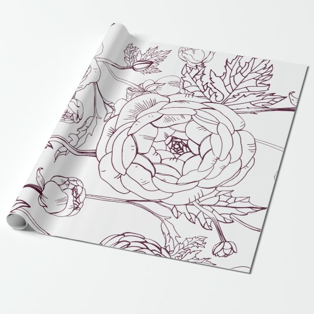 Flower Outline Wrapping Paper | Luxurious Weddings (Unrolled)