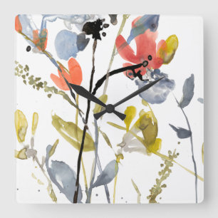 Flower Overlay - Watercolor Flowers & Stems Square Wall Clock