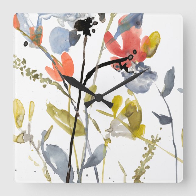Flower Overlay - Watercolor Flowers & Stems Square Wall Clock (Front)