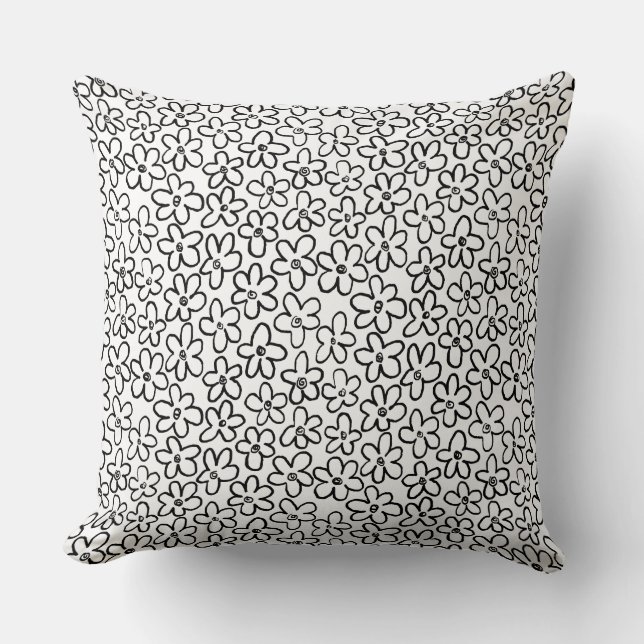 Flower Pattern 080821 - Black and White Throw Pill Cushion (Front)