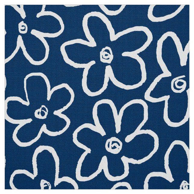 Flower Pattern 080821 - White on Indigo Blue Fabric (Swatch)