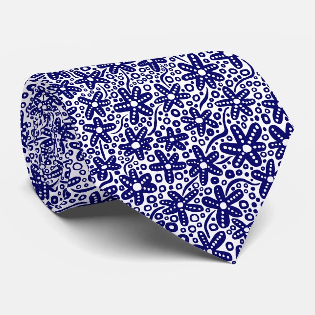 Flower Pattern 240412 - Dk Blue on White Tie (Rolled)