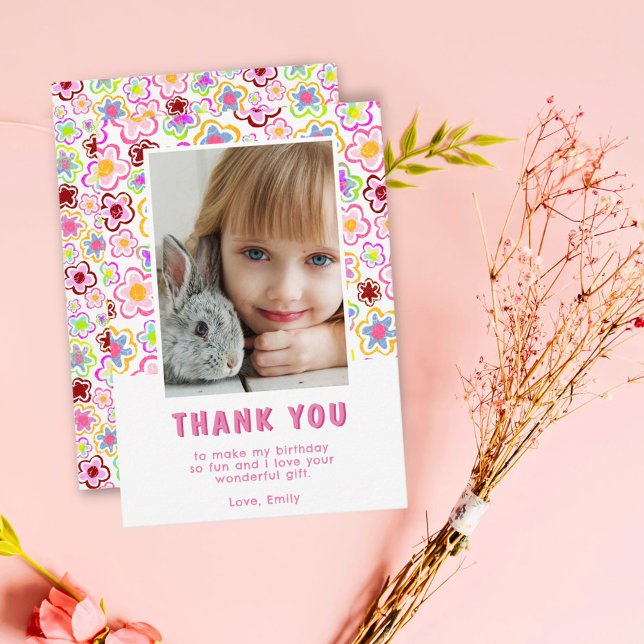 Flower Pattern Birthday Kids Girl Photo Thank You Card (Creator Uploaded)