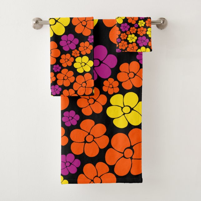 Flower Pattern - Black, Pink, Orange and Yellow Bath Towel Set (Insitu)