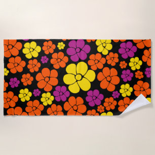 Flower Pattern - Black, Pink, Orange and Yellow  Beach Towel