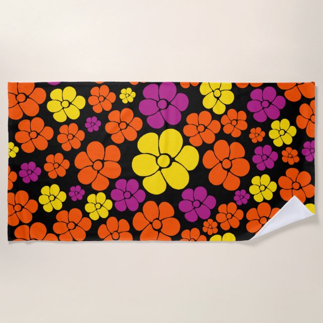 Flower Pattern - Black, Pink, Orange and Yellow  Beach Towel (Front)