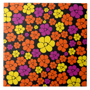 Flower Pattern - Black, Pink, Orange and Yellow Ceramic Tile