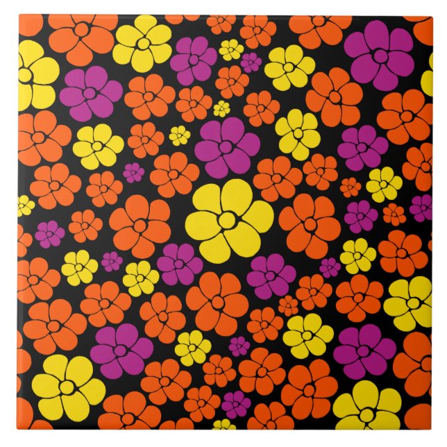 Flower Pattern - Black, Pink, Orange and Yellow  Ceramic Tile (Front)