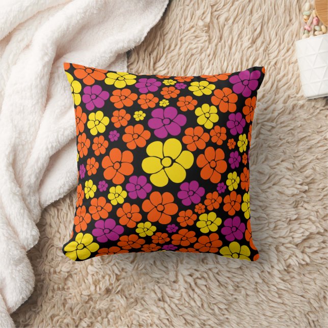 Flower Pattern - Black, Pink, Orange and Yellow  Cushion (Blanket)