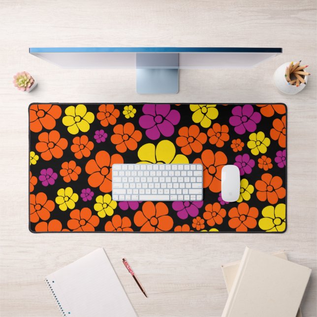 Flower Pattern - Black, Pink, Orange and Yellow  Desk Mat (Office 1)