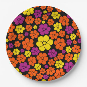 Flower Pattern - Black, Pink, Orange and Yellow Paper Plate