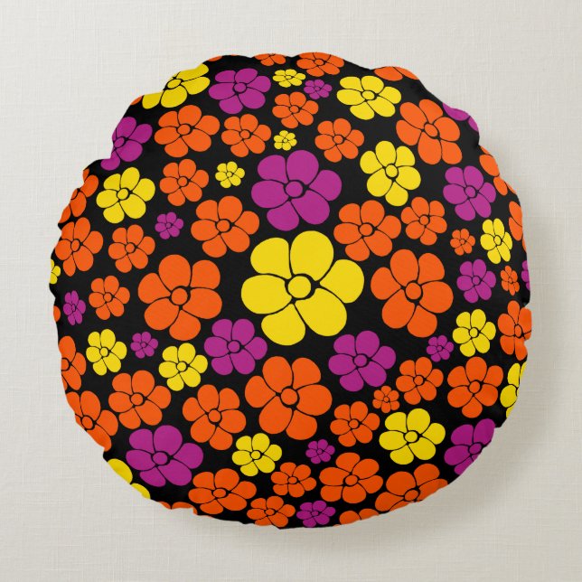Flower Pattern - Black, Pink, Orange and Yellow Round Cushion (Front)