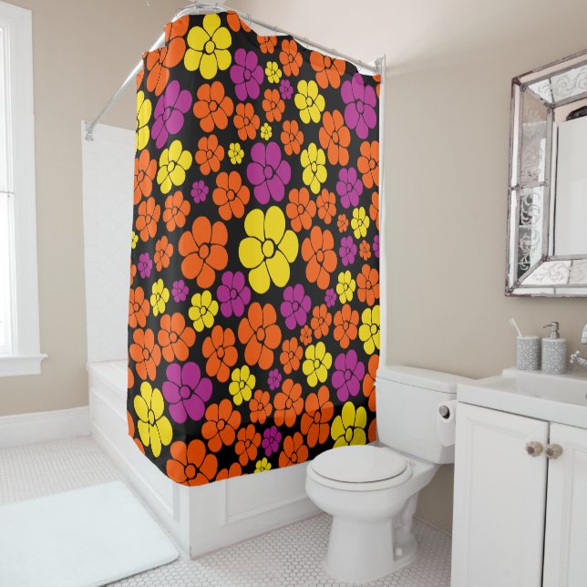 Flower Pattern - Black, Pink, Orange and Yellow Shower Curtain (In Situ)