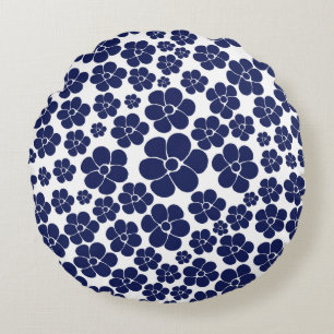 Flower Pattern - Blue and White Round Cushion