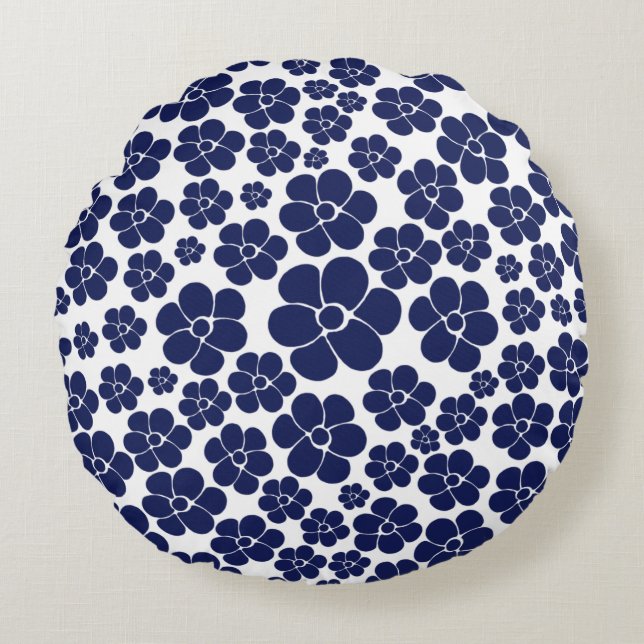 Flower Pattern - Blue and White Round Cushion (Front)