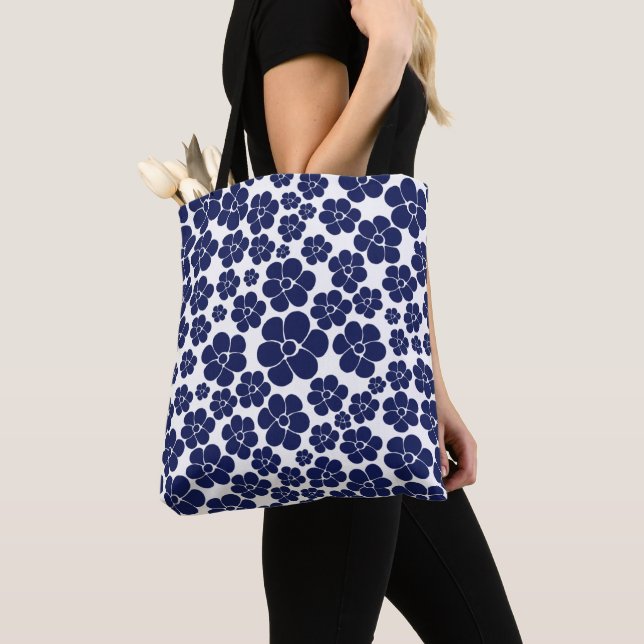 Flower Pattern - Blue and White Tote Bag (Close Up)