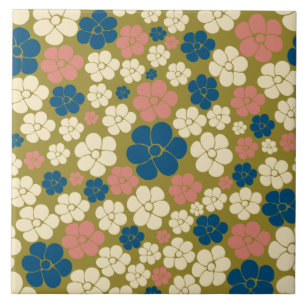 Flower Pattern - Blue, Olive Green, Pink and Cream Ceramic Tile