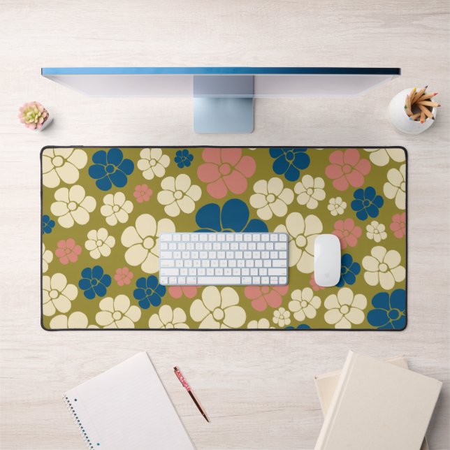 Flower Pattern - Blue, Olive Green, Pink and Cream Desk Mat (Office 1)