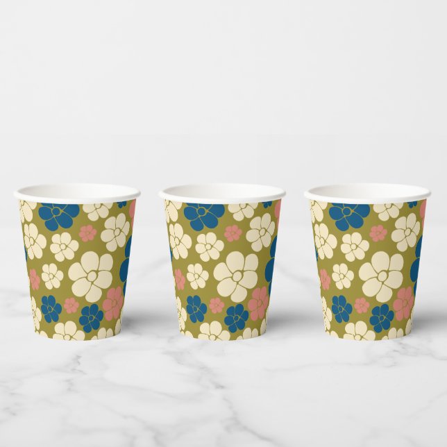 Flower Pattern - Blue, Olive Green, Pink and Cream Paper Cups (Multi)