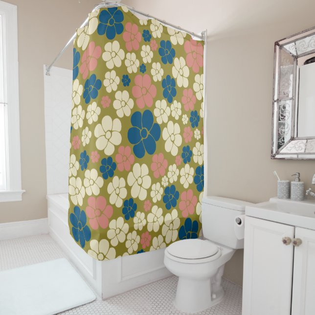 Flower Pattern - Blue, Olive Green, Pink and Cream Shower Curtain (In Situ)