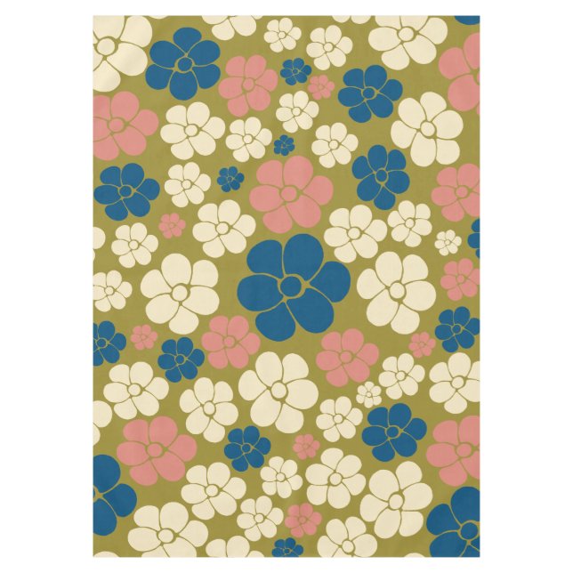 Flower Pattern - Blue, Olive Green, Pink and Cream Tablecloth (Front)