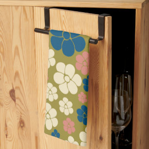 Flower Pattern - Blue, Olive Green, Pink and Cream Tea Towel