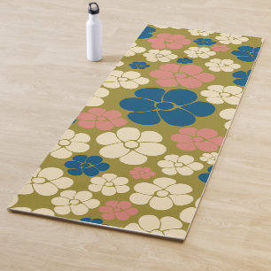 Flower Pattern - Blue, Olive Green, Pink and Cream Yoga Mat