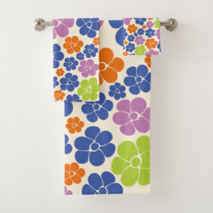 Flower Pattern - Blue, Orange, Purple, Green Bath Towel Set