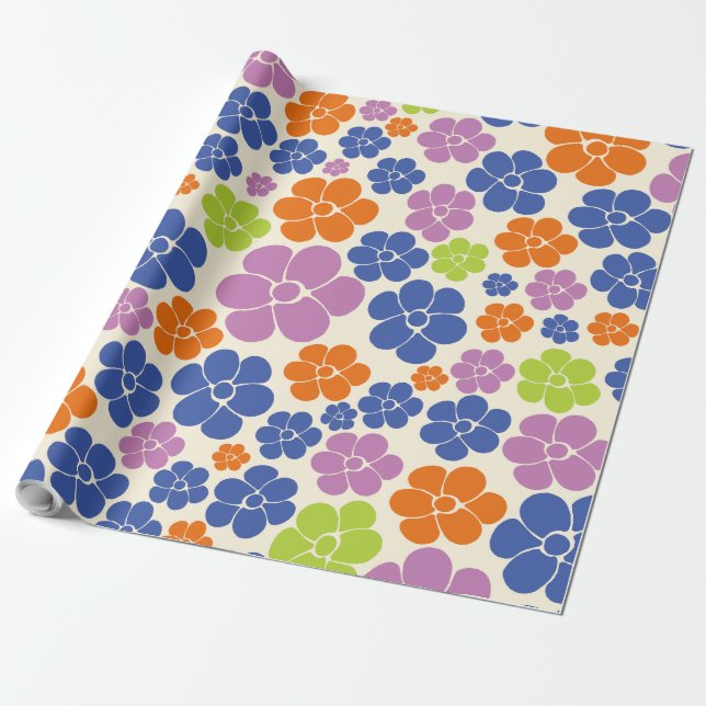 Flower Pattern - Blue, Orange, Purple, Green Wrapping Paper (Unrolled)