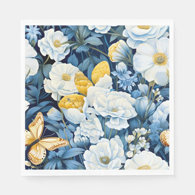 Flower Pattern, blue, white, golden yellow, Napkin (Front)