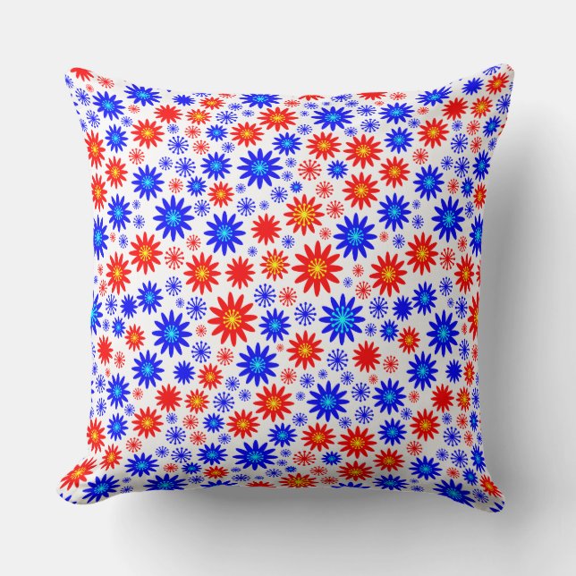 Flower Pattern - Blues with Red, Yellow and White Cushion (Front)