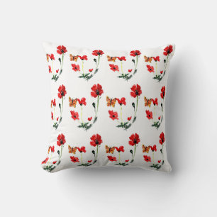 Flower Pattern Butterfly Red Poppy Cushion