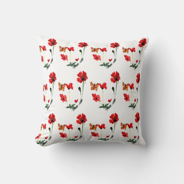 Flower Pattern Butterfly Red Poppy Cushion (Front)