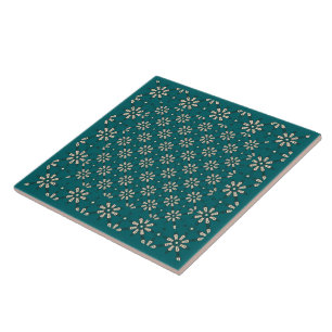 Flower Pattern, Cream, Dark Teal: Ceramic Tile
