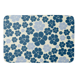 Flower Pattern - Dark Blue, Light Blue and Cream Bath Mat