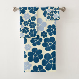 Flower Pattern - Dark Blue, Light Blue and Cream Bath Towel Set
