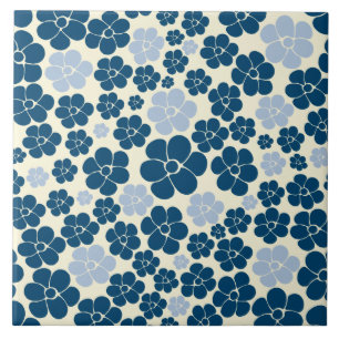 Flower Pattern - Dark Blue, Light Blue and Cream Ceramic Tile